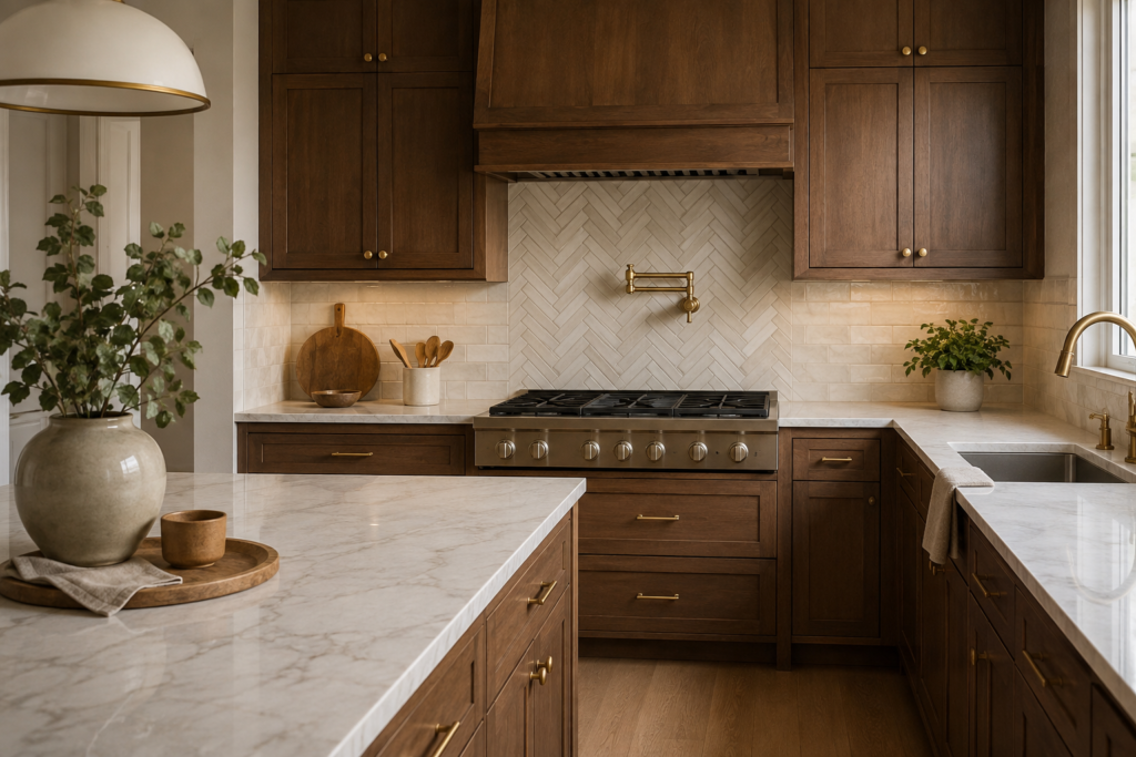 Countertops and Backsplashes That Brighten a Brown Kitchen