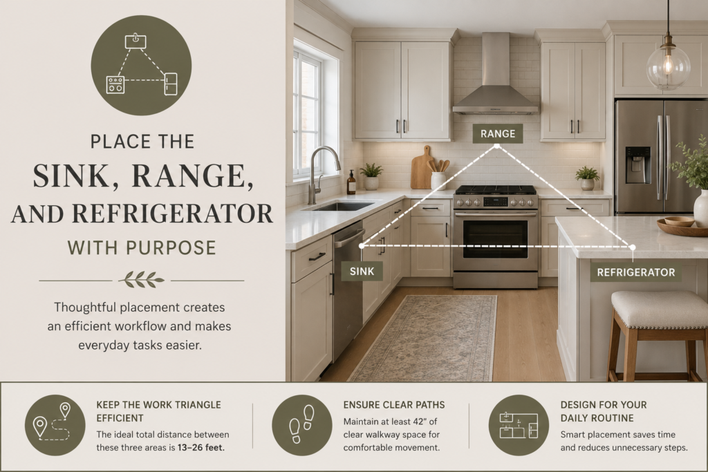 Place the sink, range, and refrigerator with purpose
