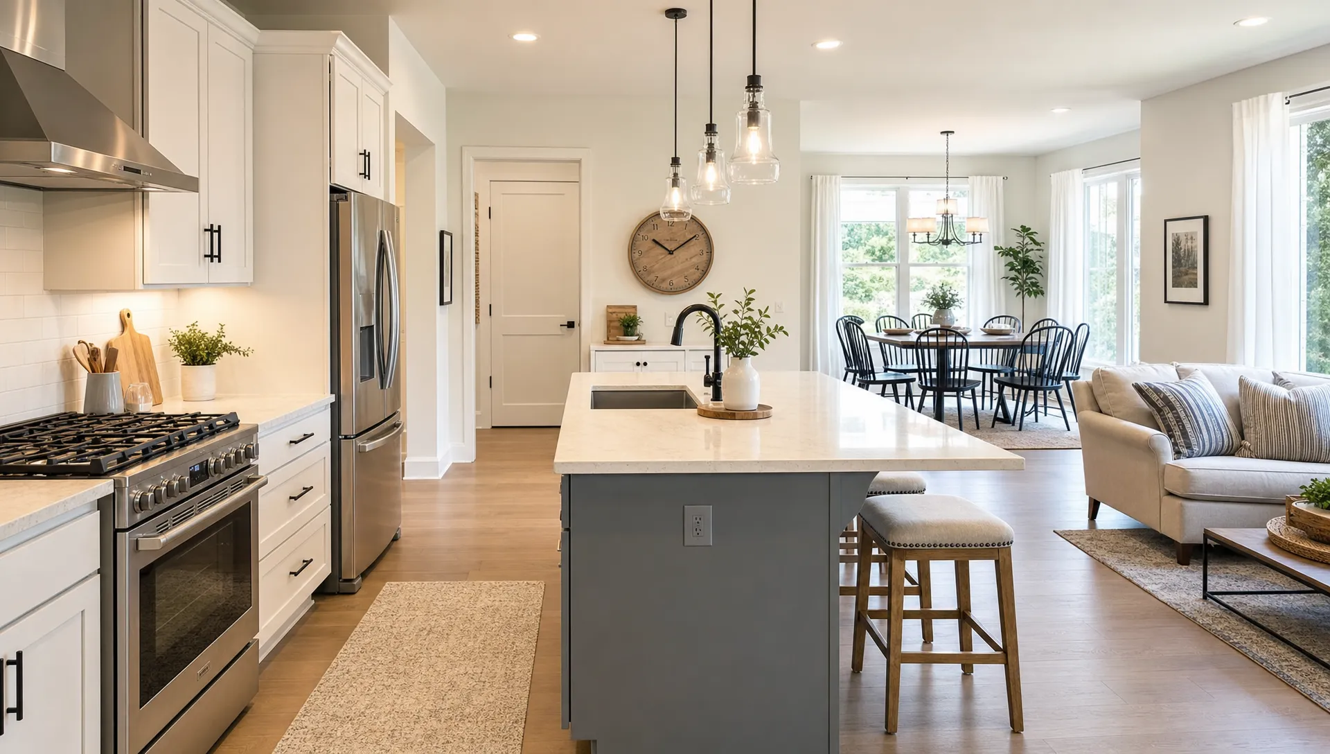 A bright open kitchen layout with an island between the cooking area and a casual seating zone, showing clear walkways, stools, cabinets, and a connected dining space.