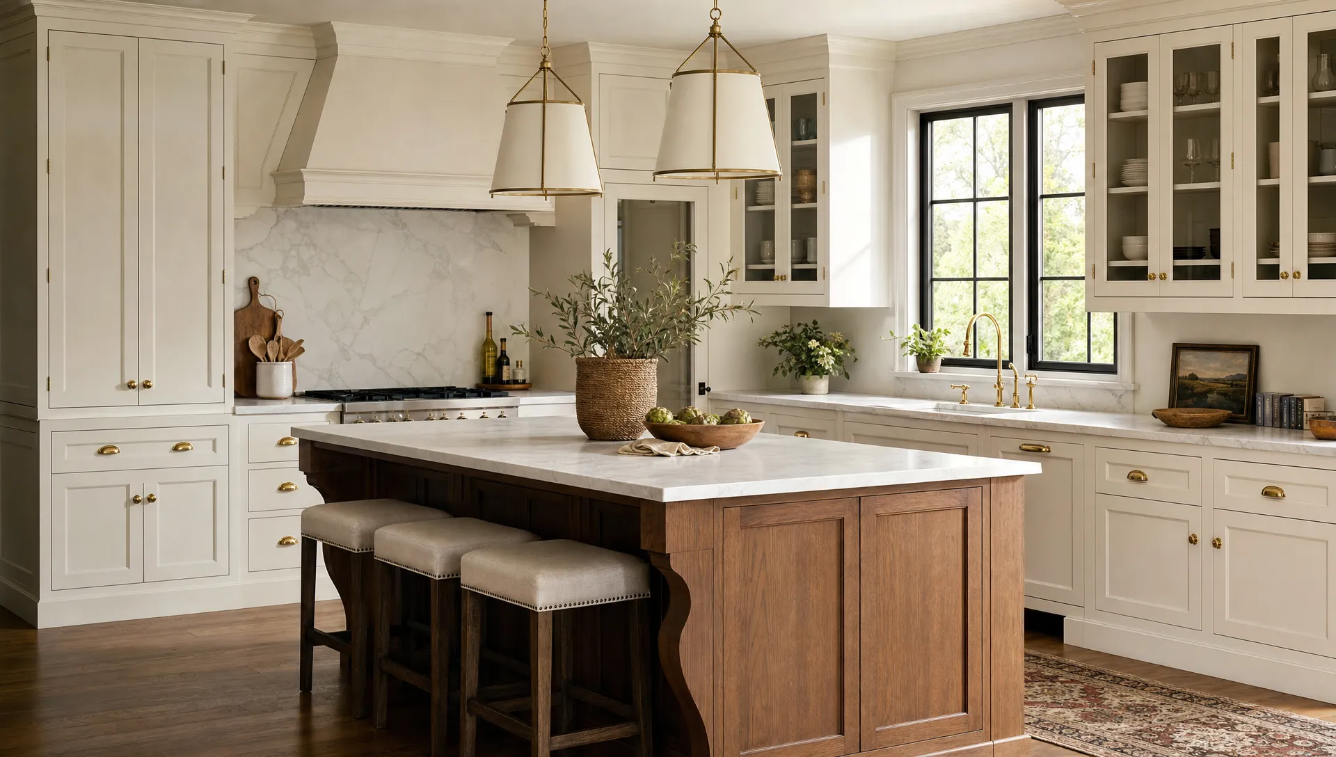 A bright traditional kitchen with warm white inset cabinets, a stained wood island, brass hardware, marble-look counters, glass-front upper cabinets, and soft natural light from a window over the sink.