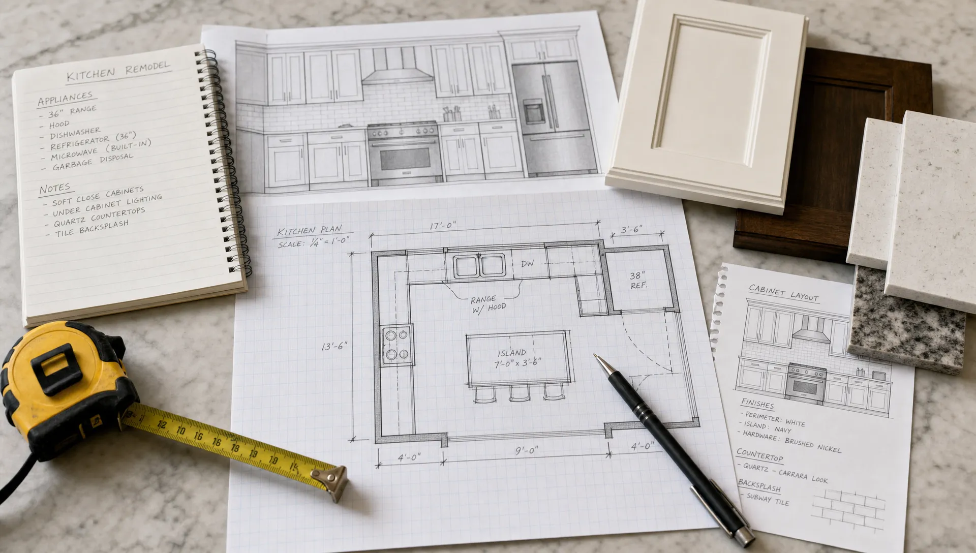 A detailed kitchen planning workspace with graph paper drawings, a tape measure, cabinet samples, appliance notes, and a pencil laid out on a table for a home remodel.
