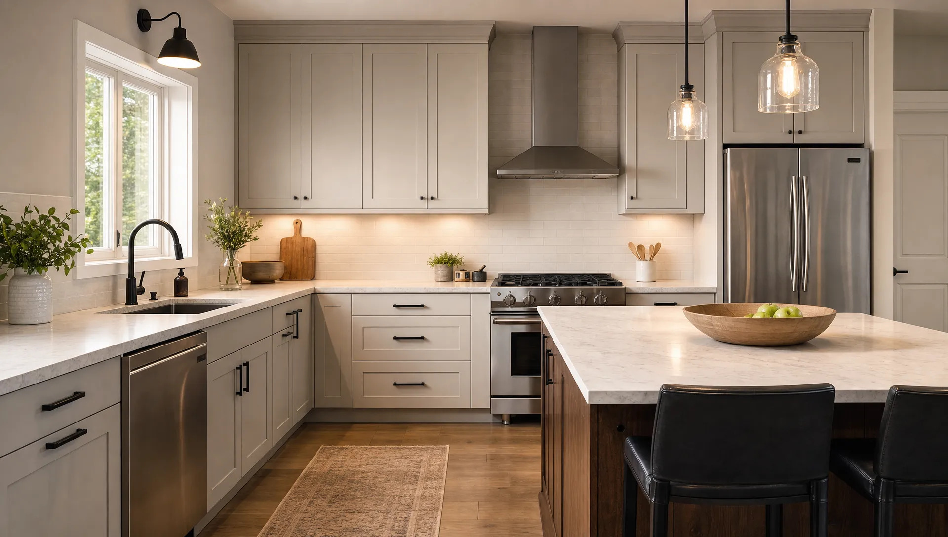A functional kitchen shows open counter space by the sink, deep drawers, task lighting and an uncluttered island.