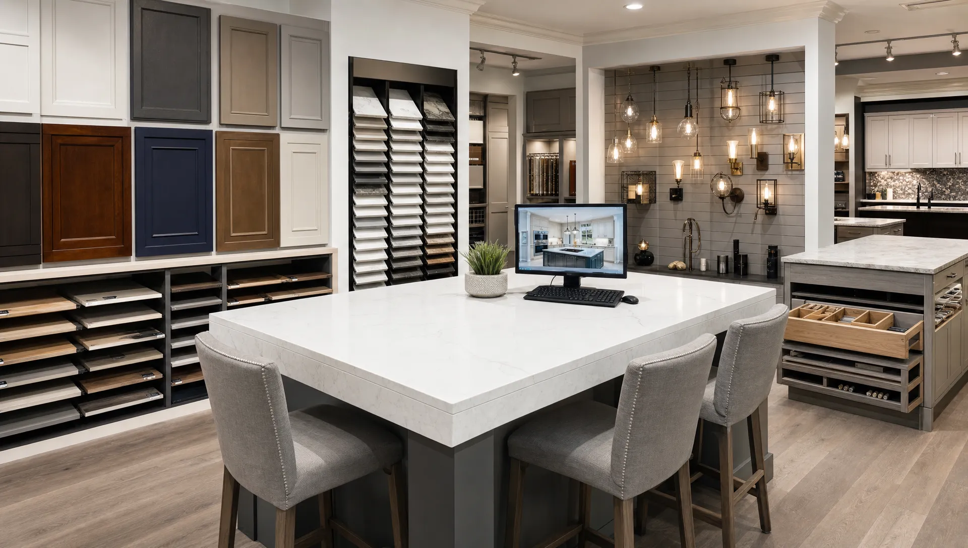 A kitchen design center showroom with cabinet samples, countertop materials, drawer organizers, and lighting displays around a planning table.