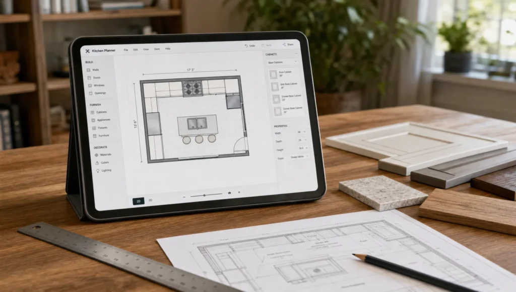 A kitchen design tool on a desk beside finish samples, a ruler and a printed floor plan, showing a simple layout on the screen.