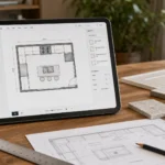 A kitchen design tool on a desk beside finish samples, a ruler and a printed floor plan, showing a simple layout on the screen.