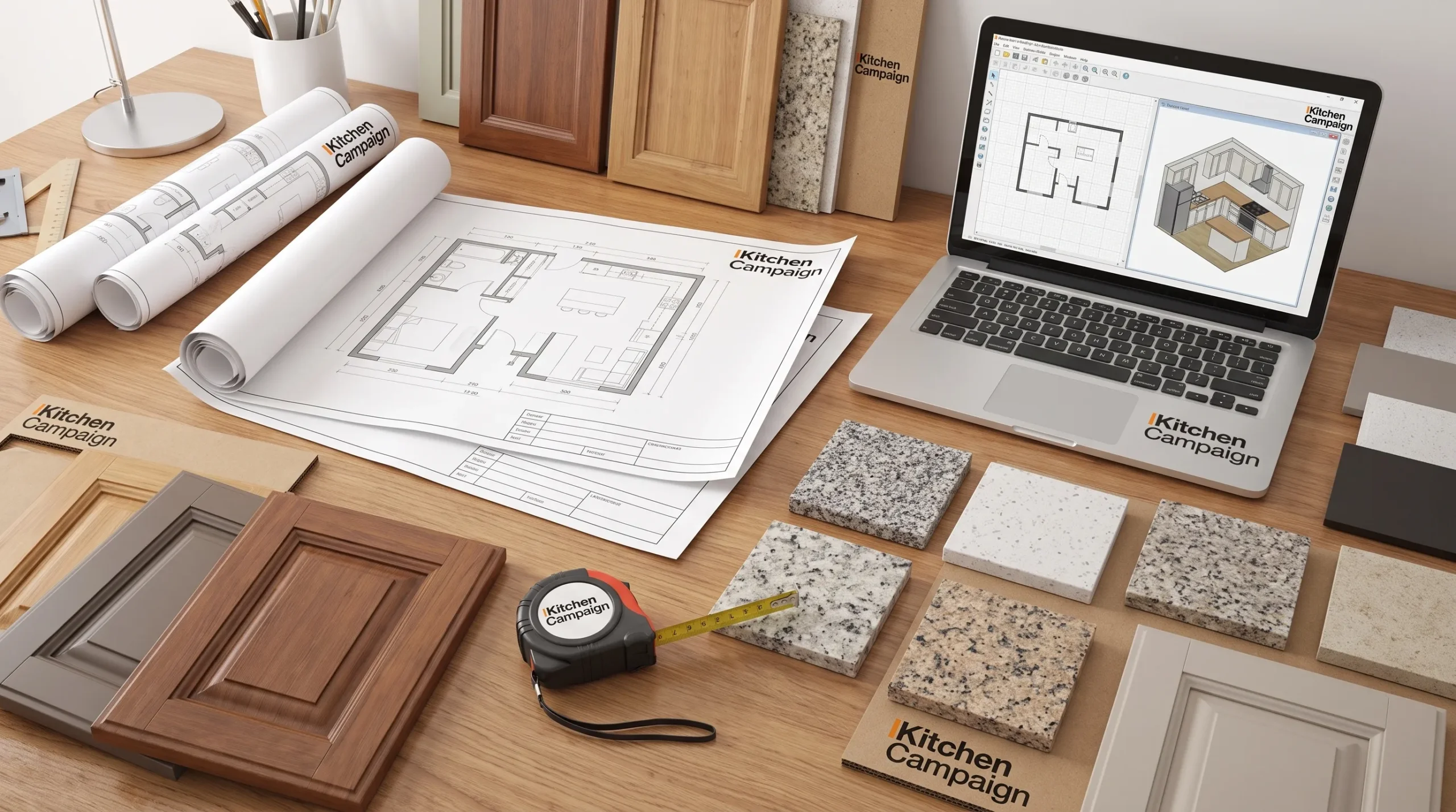 A kitchen workspace with printed floor plans, cabinet samples, countertop swatches, a tape measure and a laptop showing a simple layout on screen.