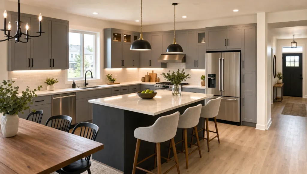 A modern kitchen interior shows clear work zones, layered lighting and simple cabinet lines.