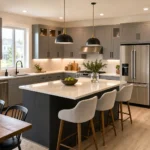 A modern kitchen interior shows clear work zones, layered lighting and simple cabinet lines.