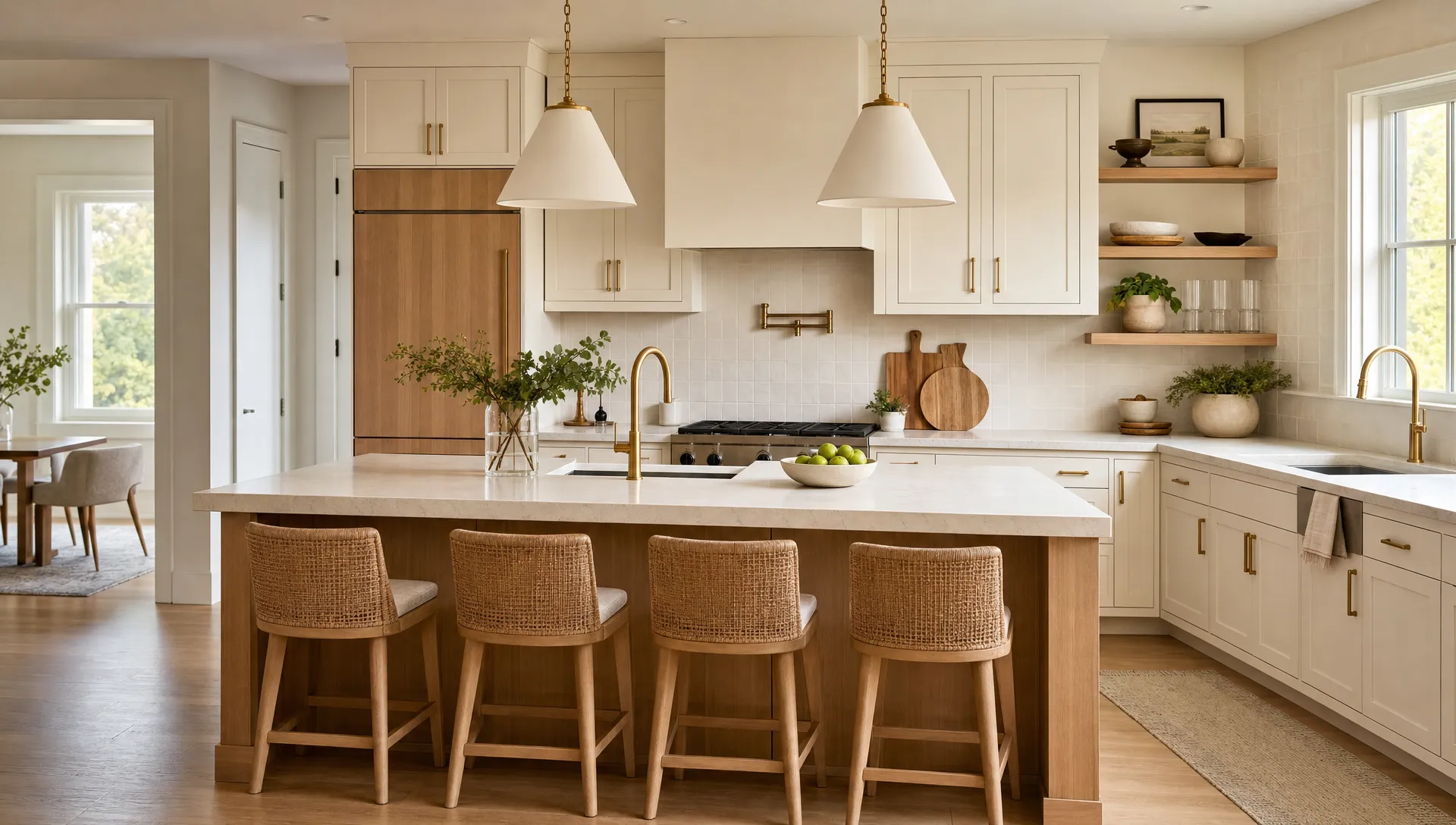 A modern kitchen with warm white cabinets, light wood accents, an island, simple pendant lights and open shelves with bowls and glassware.