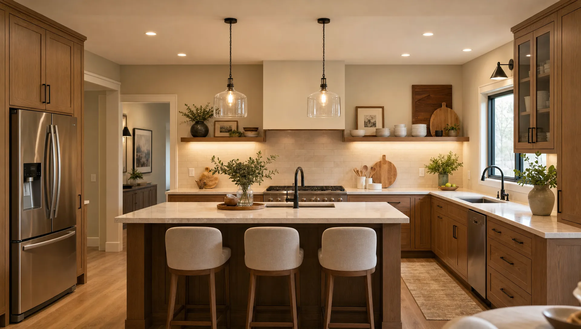 A remodeled kitchen with layered lighting, deep storage drawers, a functional island, warm wood accents, and uncluttered countertops arranged for cooking and gathering.