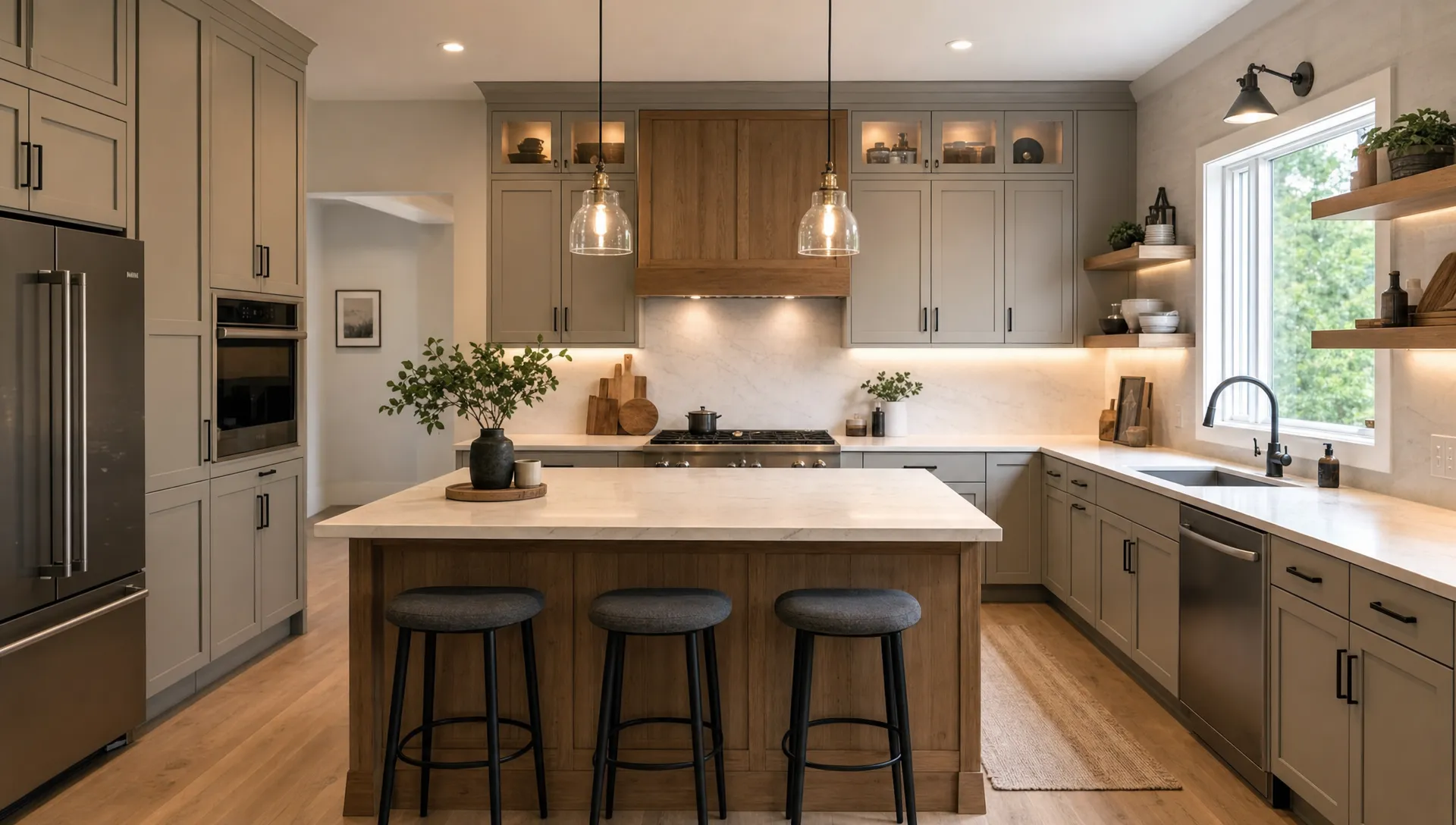 A remodeled kitchen with tall cabinets, deep drawers, a clear island, wood accents and under-cabinet lights.