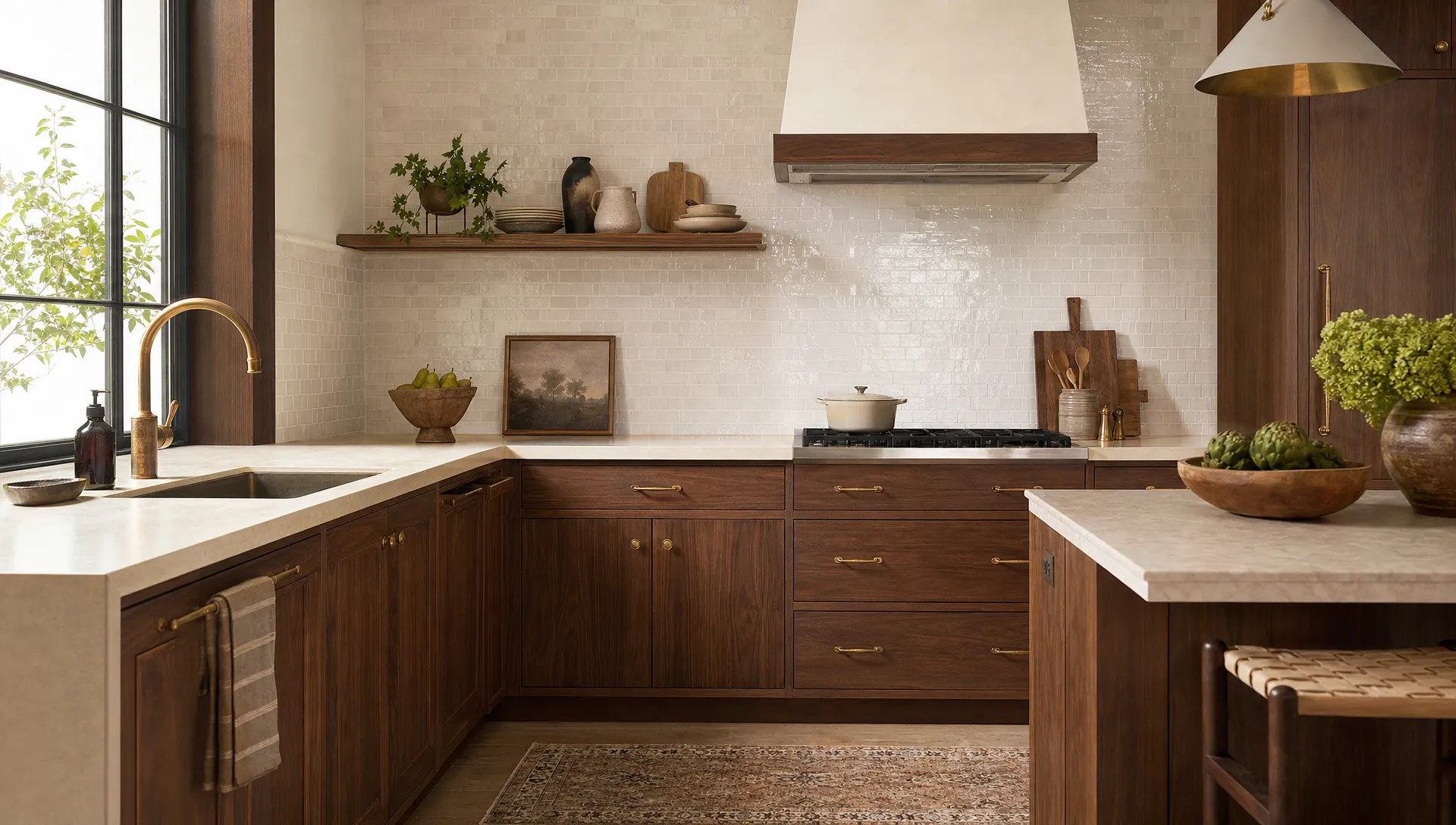 A warm brown kitchen with walnut lower cabinets, cream countertops, a light handmade tile backsplash, brass hardware, and natural light creating a bright and inviting atmosphere.