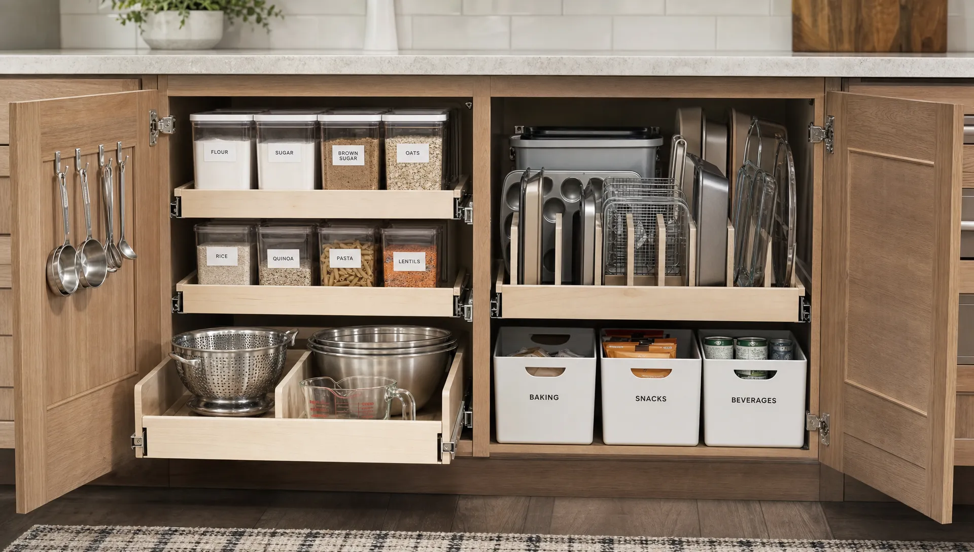 An organized kitchen cabinet interior shows pull-out shelves, tray dividers, labeled bins and neatly arranged cookware.
