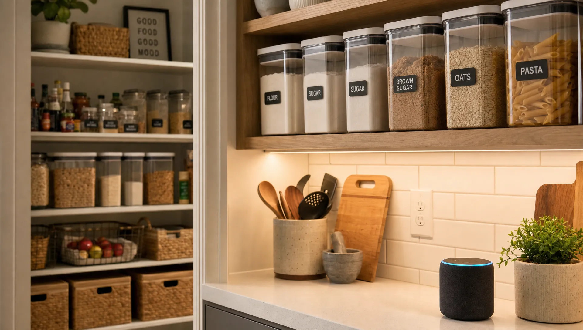 An organized kitchen pantry with clear labeled containers on open shelves, under-cabinet lighting, and a smart speaker placed on the counter in a tidy everyday cooking space.