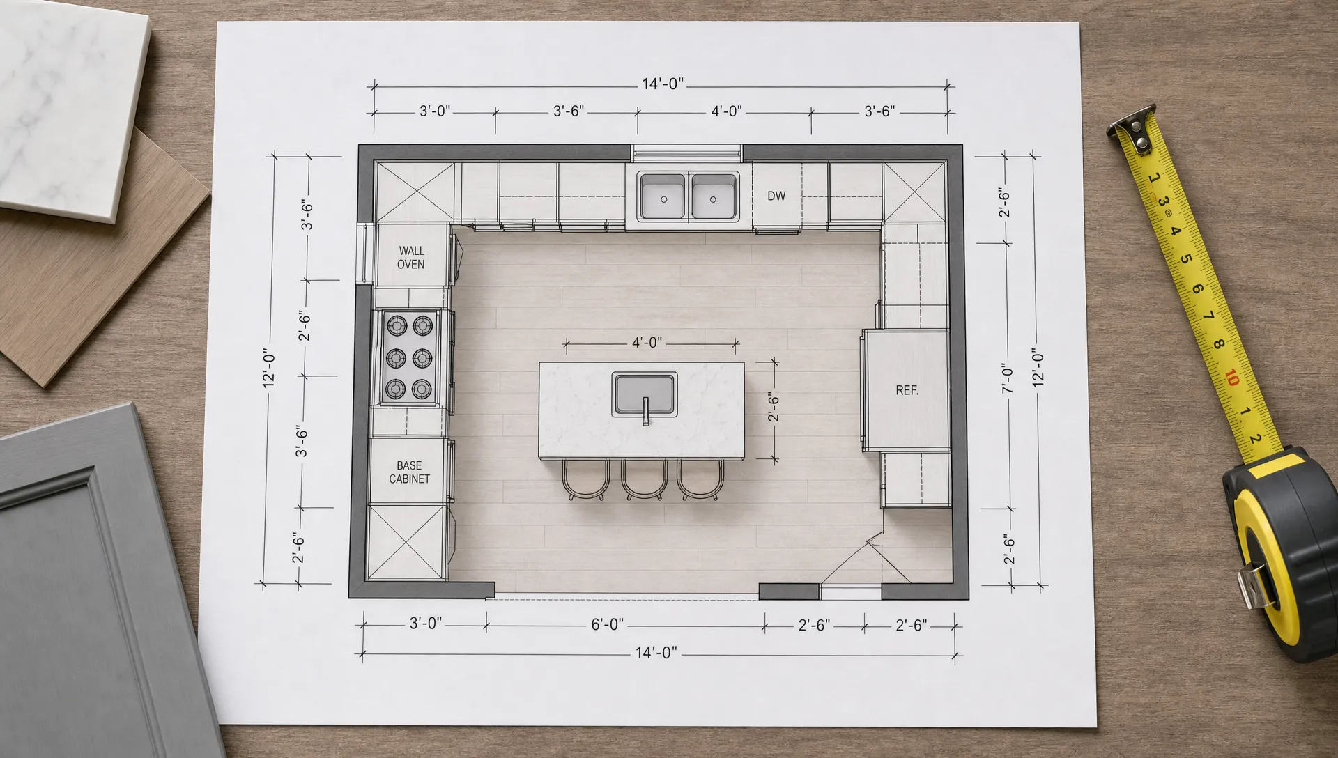 An overhead kitchen floor plan on a table with dimension lines, cabinet blocks, appliance symbols, and a tape measure beside the drawing.