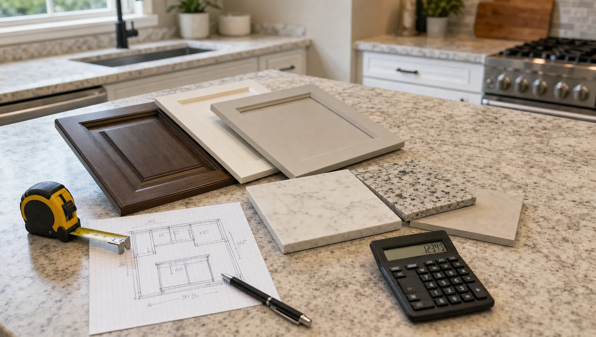 Cabinet samples, countertop pieces, a measuring tape, graph paper, and a calculator are arranged on a kitchen island for renovation planning.