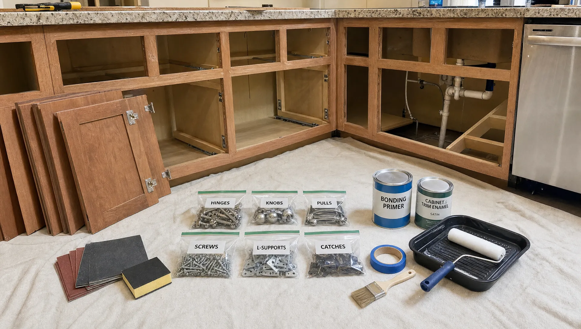 Removed cabinet doors, labeled hardware bags, sanding tools and paint supplies are laid out beside open cabinet boxes during a kitchen cabinet renovation.