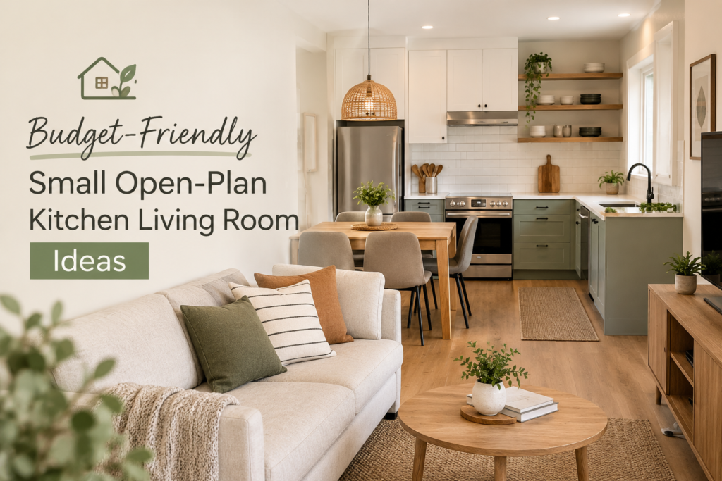 create an image for my blog post about my all title:
Budget-Friendly Small Open-Plan Kitchen Living Room Ideas
Give it neutral look not AI
change the theme ,background and icon
